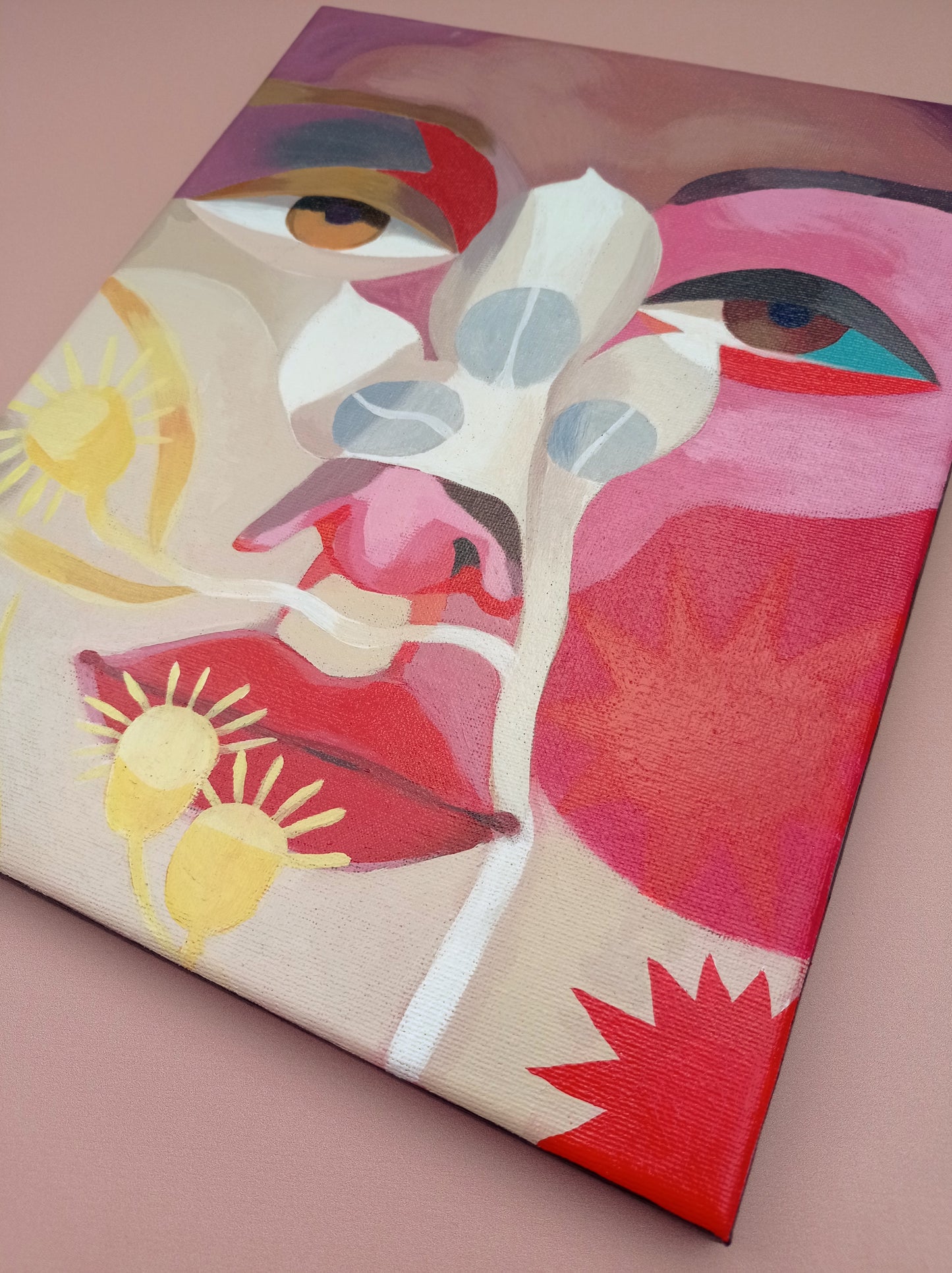 alle drei Gemälde der Serie, gerahmte Acrylbilder, kleine Gemälde, bunte Acrylmalerei, Acrylmalerei der Augen, rot, rosa, blau, grün, abstrakt, symbolisch, sinnliche Kunst, sinnliche Bilder, Augen, Mund