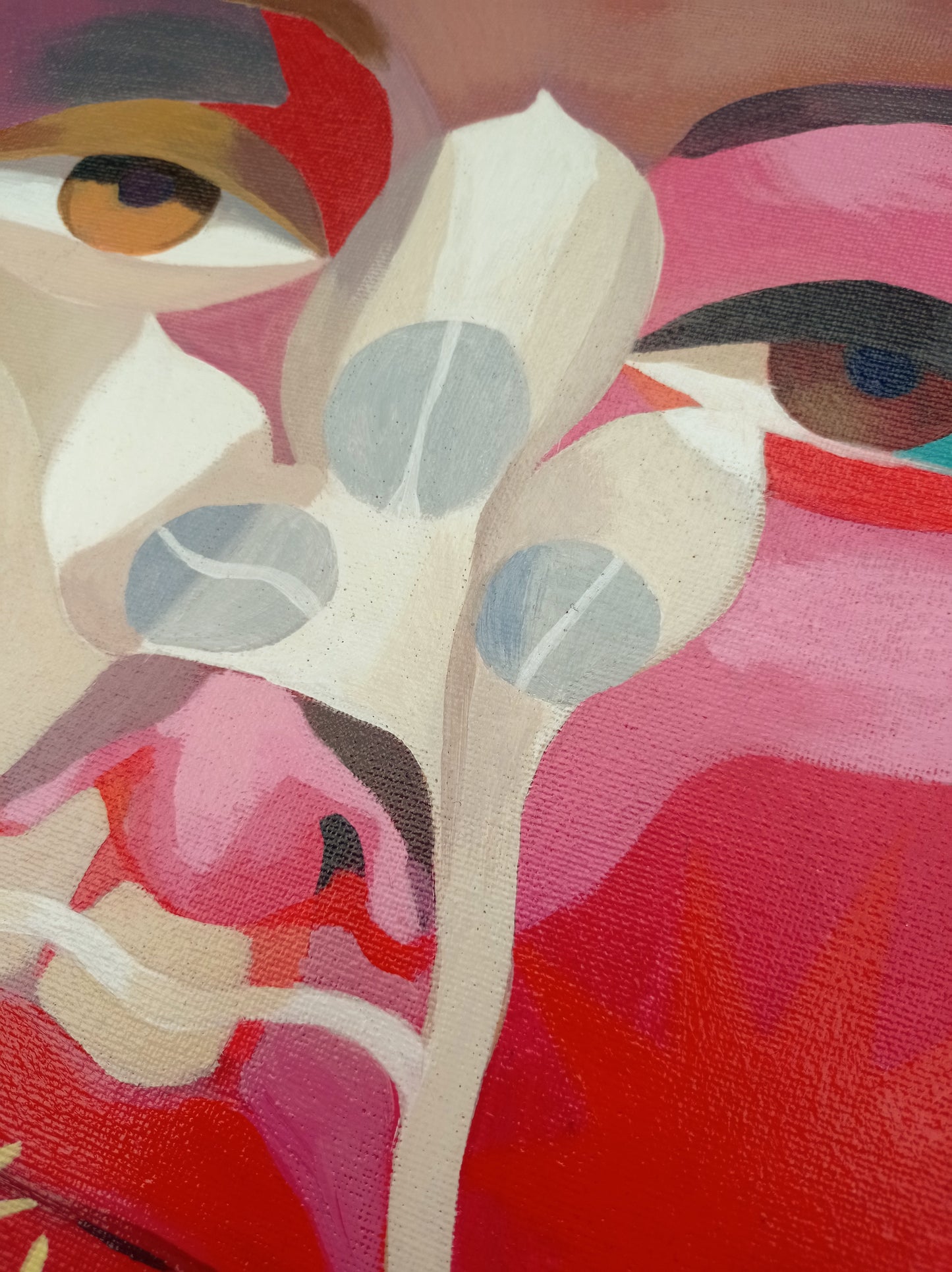 alle drei Gemälde der Serie, gerahmte Acrylbilder, kleine Gemälde, bunte Acrylmalerei, Acrylmalerei der Augen, rot, rosa, blau, grün, abstrakt, symbolisch, sinnliche Kunst, sinnliche Bilder, Augen, Mund
