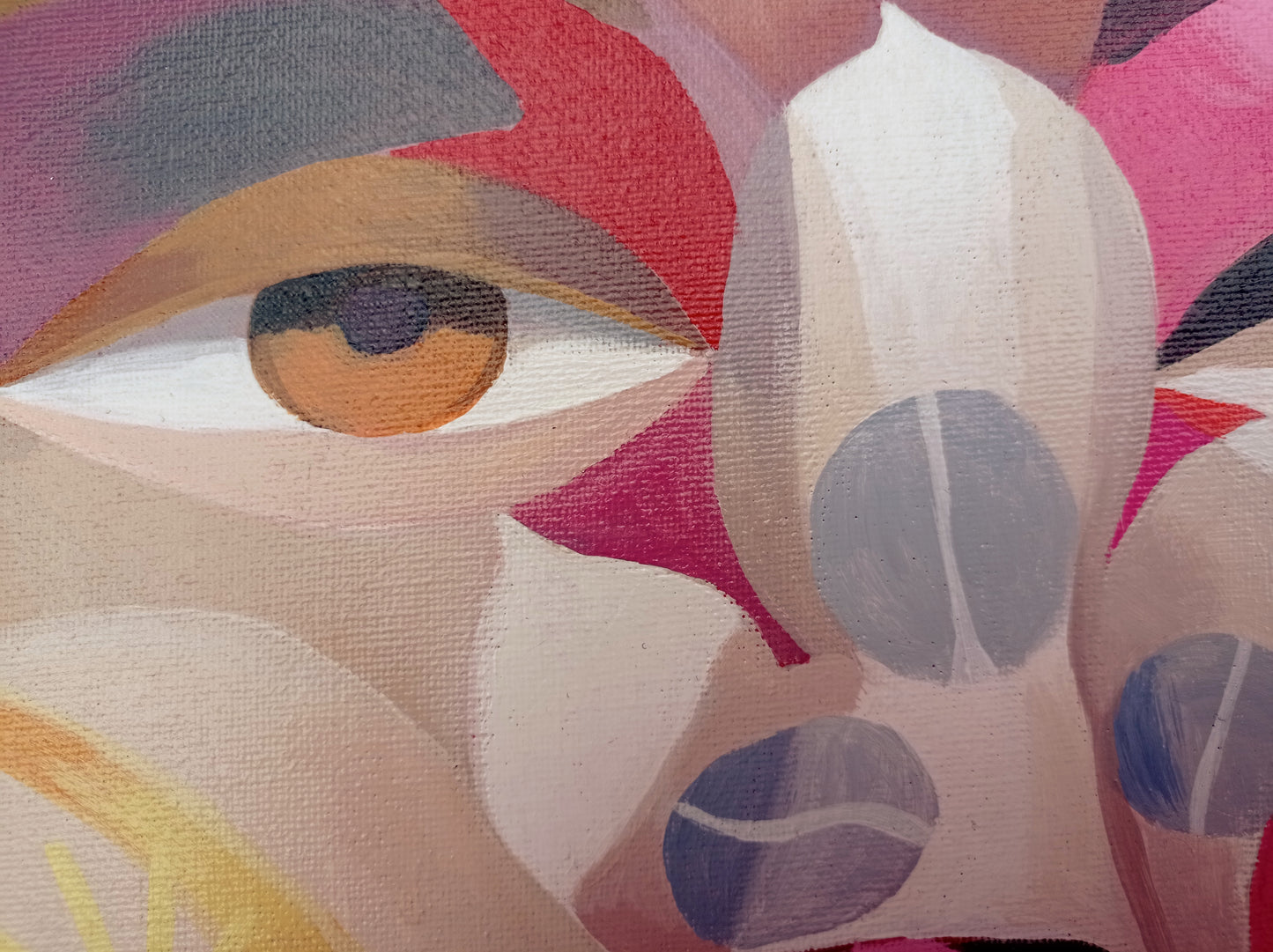 alle drei Gemälde der Serie, gerahmte Acrylbilder, kleine Gemälde, bunte Acrylmalerei, Acrylmalerei der Augen, rot, rosa, blau, grün, abstrakt, symbolisch, sinnliche Kunst, sinnliche Bilder, Augen, Mund