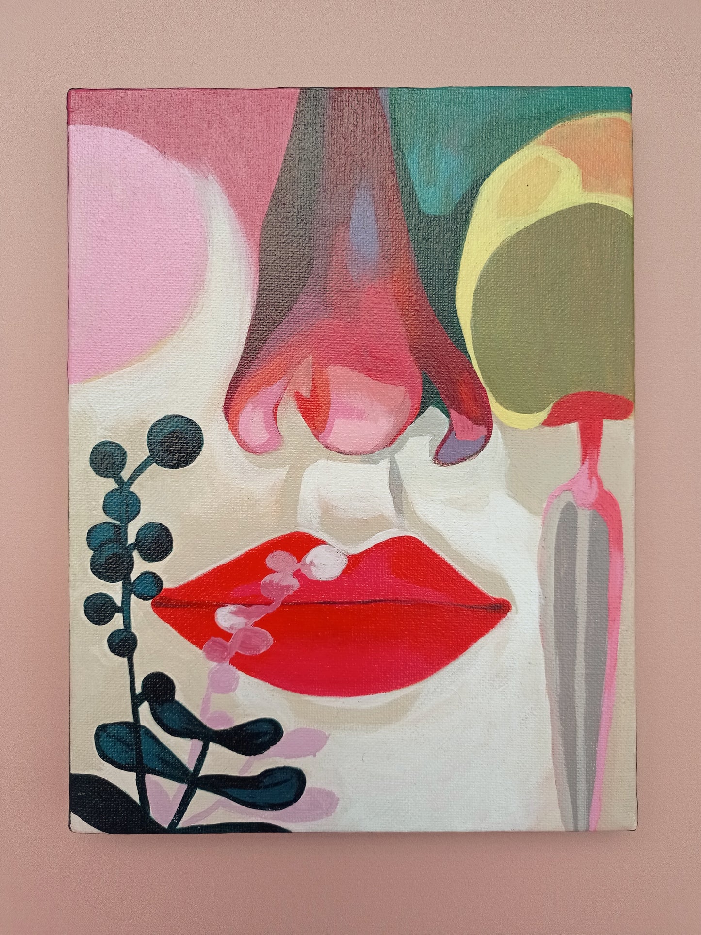 alle drei Bilder der Serie, gerahmte Acrylbilder, kleine Bilder, farbenfrohe Acrylmalerei, Acrylmalerei der Augen, rot, rosa, blau, grün, abstrakt, symbolisch