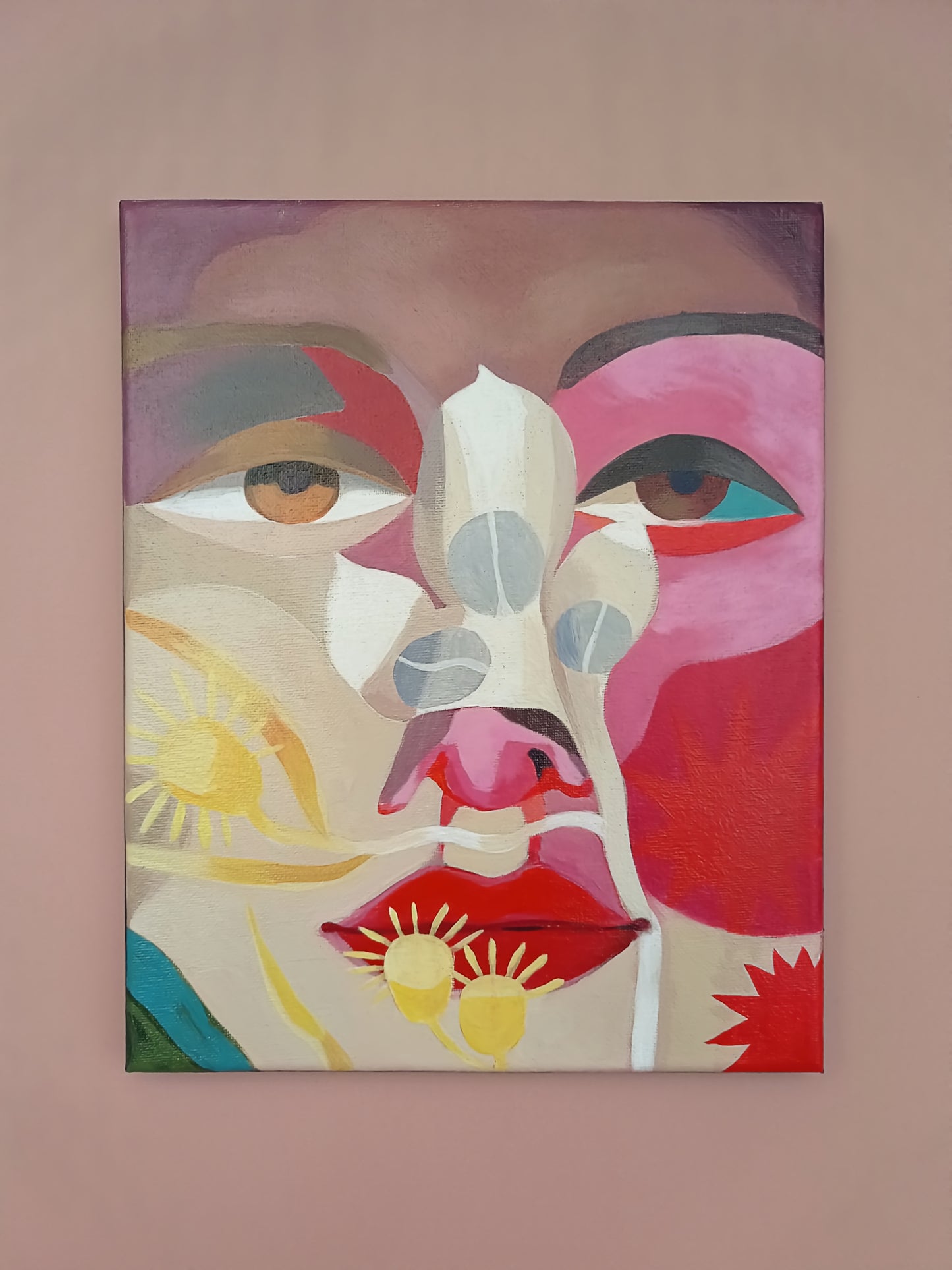 alle drei Gemälde der Serie, gerahmte Acrylbilder, kleine Gemälde, bunte Acrylmalerei, Acrylmalerei der Augen, rot, rosa, blau, grün, abstrakt, symbolisch, sinnliche Kunst, sinnliche Bilder, Augen, Mund